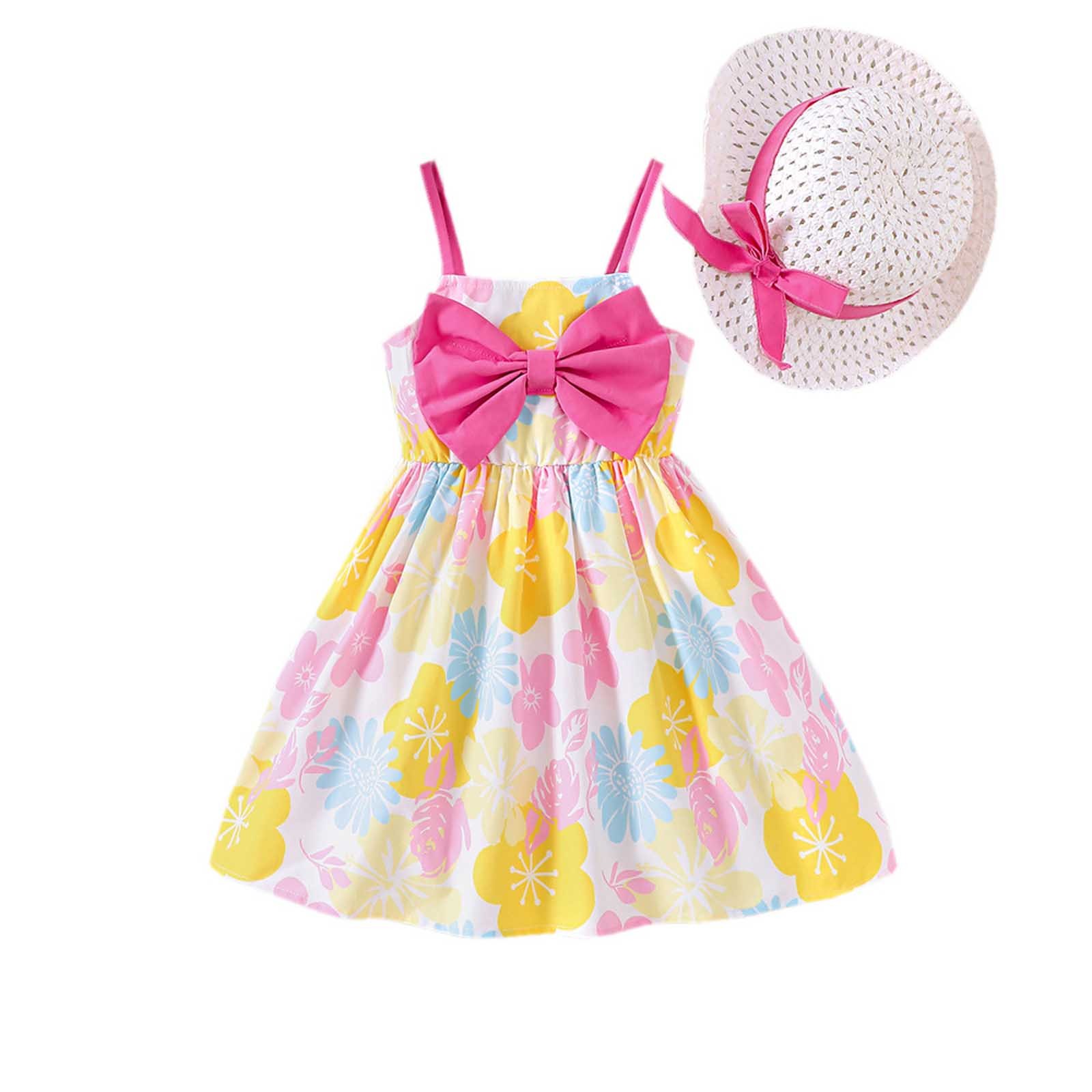 Toddler Baby Girls 2PC Outfits Dress Easter Dresses Vacation Cute StrawberrySleeveless Big Bow Dress and Soft Sun Hat Summer Flowy Beach Dresses Two Piece Sets #Yellow 3-4 Years